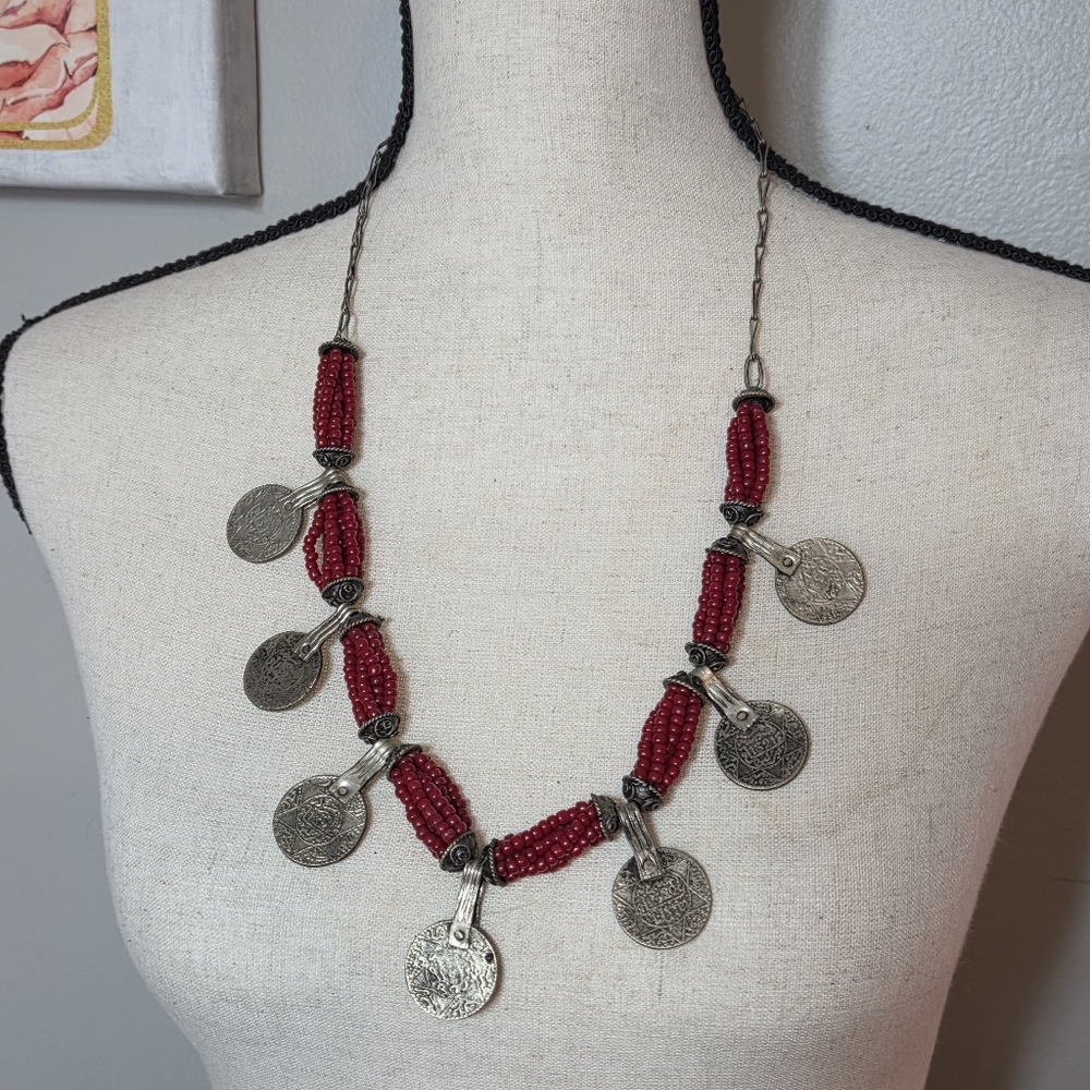 antique berber tribal moroccan pendant seed beaded coin tribal bib necklace